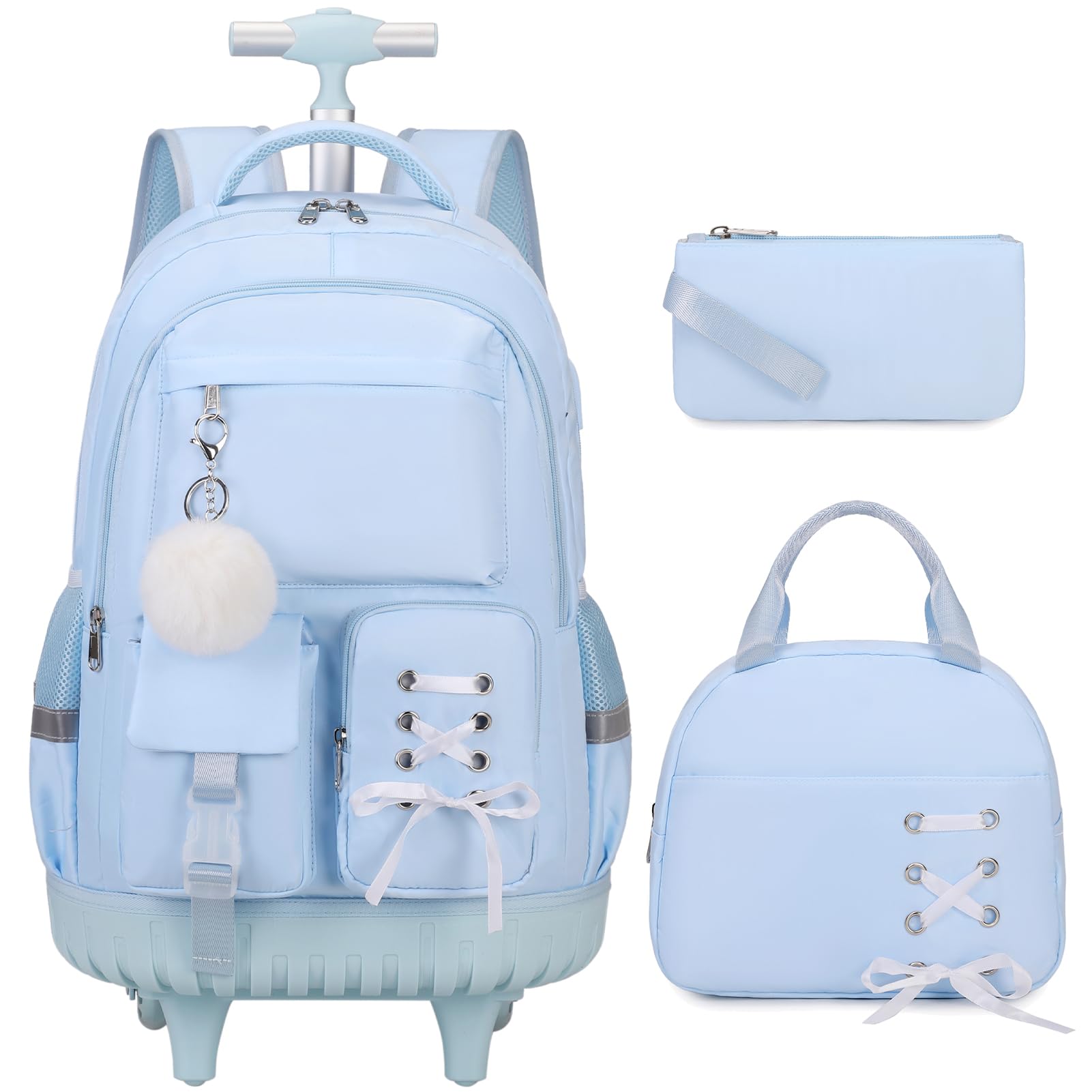Photo 1 of Scothen Rolling Backpack for Girls, Girls Backpack Set with Lunch Box & Pencil Pouch for Teen Girl Kids Children Elementary Middle School, Bookbag Daypack Laptop Travel Backpack with Wheels (Blue)
