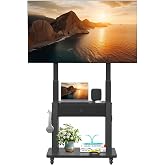 Rolling TV Stand with Fabric Drawer Storage for 32-75 Inch Flat/Curved Screen up to 220lbs LCD/LED/OLED Adjustable Height Mobile TV Cart with Wheels for Home Office Outdoor Max VESA 600x400mm Black