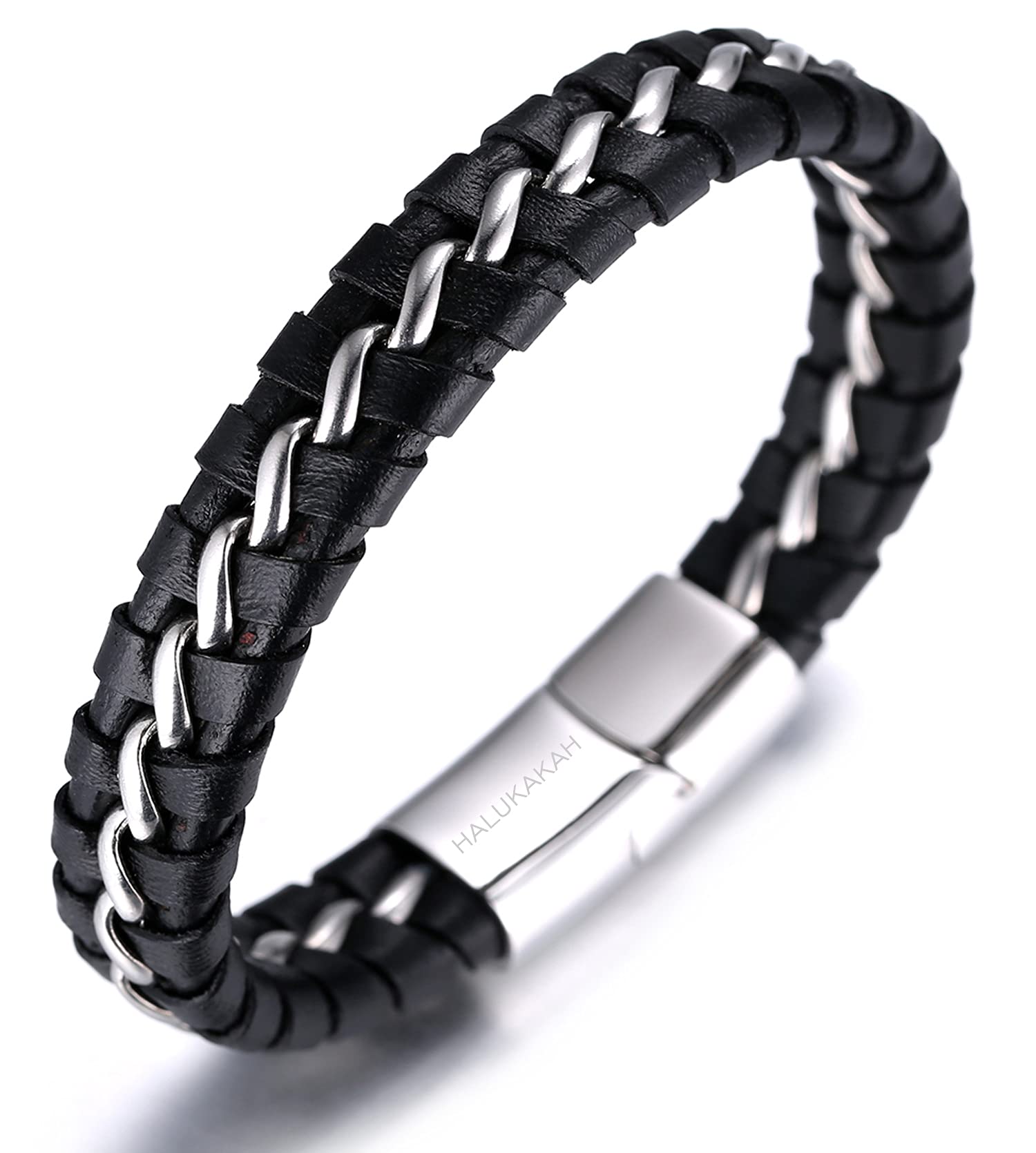 HALUKAKAH Kids ● Solo Junior ● Boy's Genuine Leather Bracelet Black 6-12 Y/O. Titanium Silver Chain Magnetic Clasp 7"/18cm with Free Giftbox
