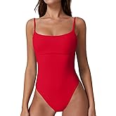 QINSEN Womens Seamed Cup Spaghetti Straps One Piece Bathing Suits Tummy Control Cheeky Swimsuit
