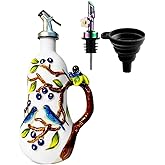 18 oz Hand-Painted Ceramic Relief Olive Oil Bottle Dispenser, with Handle Decorative Olive Oil Dispenser Bottle, Kitchen Ceramic Oil Vinegar Bottle Seasoning Bottle with Stainless Steel Spout & Funnel