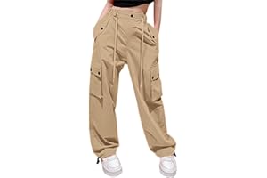 Cromoncent Girls&Womens High Waist Parachute Pants Y2K Cargo Trousers with Pockets 6 Years-Women 2XL