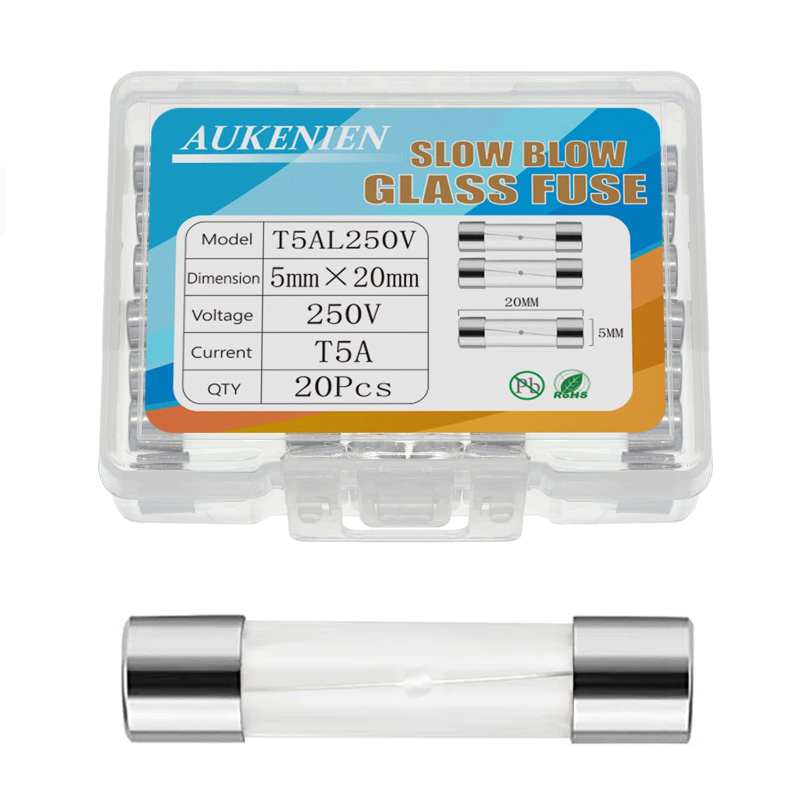 AUKENIEN T 5A 250V Slow Blow Glass Fuses T5AL T5AL250V 5X20 MM 5 Amp 250 Volt Cartridge Tube Time Delay Fuse, Multiple Values of Glass Fuse Optional (Pack of 20)