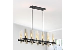 OTeedo 12-Light Modern Farmhouse Black Chandeliers for Dining Room,40"Large Linear Pendant Light Fixtures,Adjustable Height Hanging Kitchen Island Chandelier Over Table,Clear Glass Shade Light Fixture