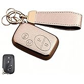 WiiLemz Key Fob Cover for Lexus with Key Chain, Upper Leather + Soft TPU Key Cover Case Shell for 2005-2018 RX350 RX450 GX460 LX570 CT200h ES350 GS430 GS450h IS250 IS350 LS460, 4 Buttons (Rose Gold)