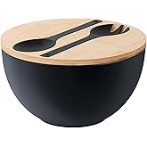 11.3" Extra Large Salad Bowl with Wooden Lid & Servers, 208Oz, Oversized Bamboo Fiber Salad Serving Set with Utensils for Home/Kitchen, Big Lightweight Bowl for Mixing Salad,Fruit,Pasta - Matte Black