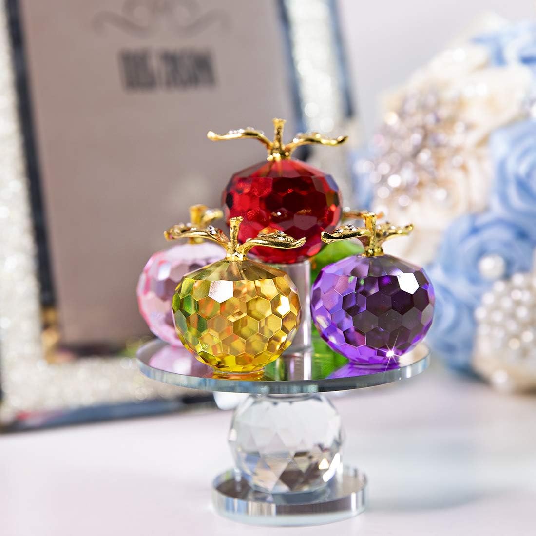 5.1inches Height, 5 Colors Crystal Faceted Apples Ornament, Glass Apple Figurines Collectibles with Rotatable Base for Home Table Decor: Kitchen & Dining