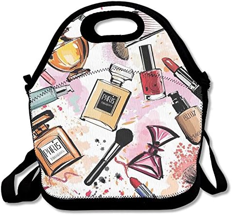 Marvin Conrad Cosmetic And Makeup Theme Pattern With Perfume Lipstick Nail Polish Brush Modern Lady Lunch Bag Tote For School Work Outdoor