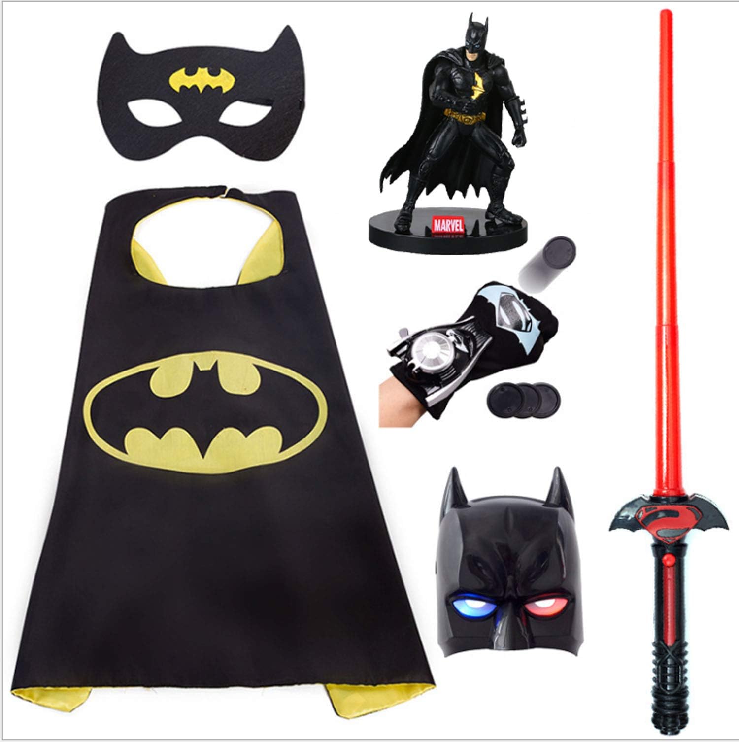 Kids Superhero Dress Up Costumes 6 Packs-LED Light Eye Mask & Sound and Light Sword & Toy Transmitter & Model Toy & Satin Capes and Felt Masks Black