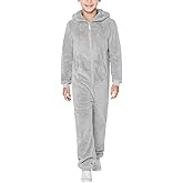 rrhss Boys Fleece Hooded Onesie Pajamas Kids Long Sleeve Zip-Front One Piece Sleepwear 5-14 Years