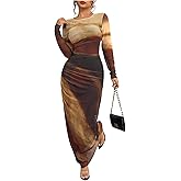 BEAUDRM Women's Fall Wedding Guest Dress Long Sleeve Cocktail Date Night Sexy Y2K Bodycon Ruched Mesh Formal Maxi Dresses
