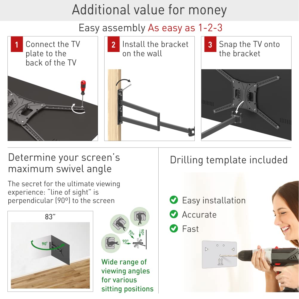 Barkan 40'' Long TV Wall Mount, 13-83 inch Full Motion Articulating - 4 Movement Flat/Curved Screen Bracket, Holds up to 110lbs, Extremely Extendable, Fits LED OLED LCD, Black