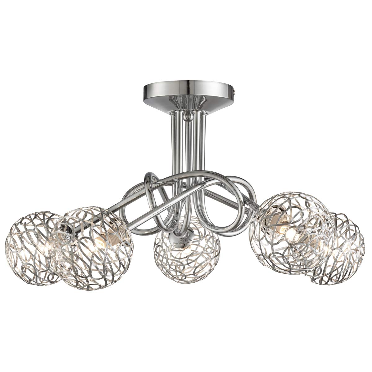Lighting Collection Modern and Contemporary 5 Twist Arm Ceiling Light with Intricate Detail Shades, Chrome