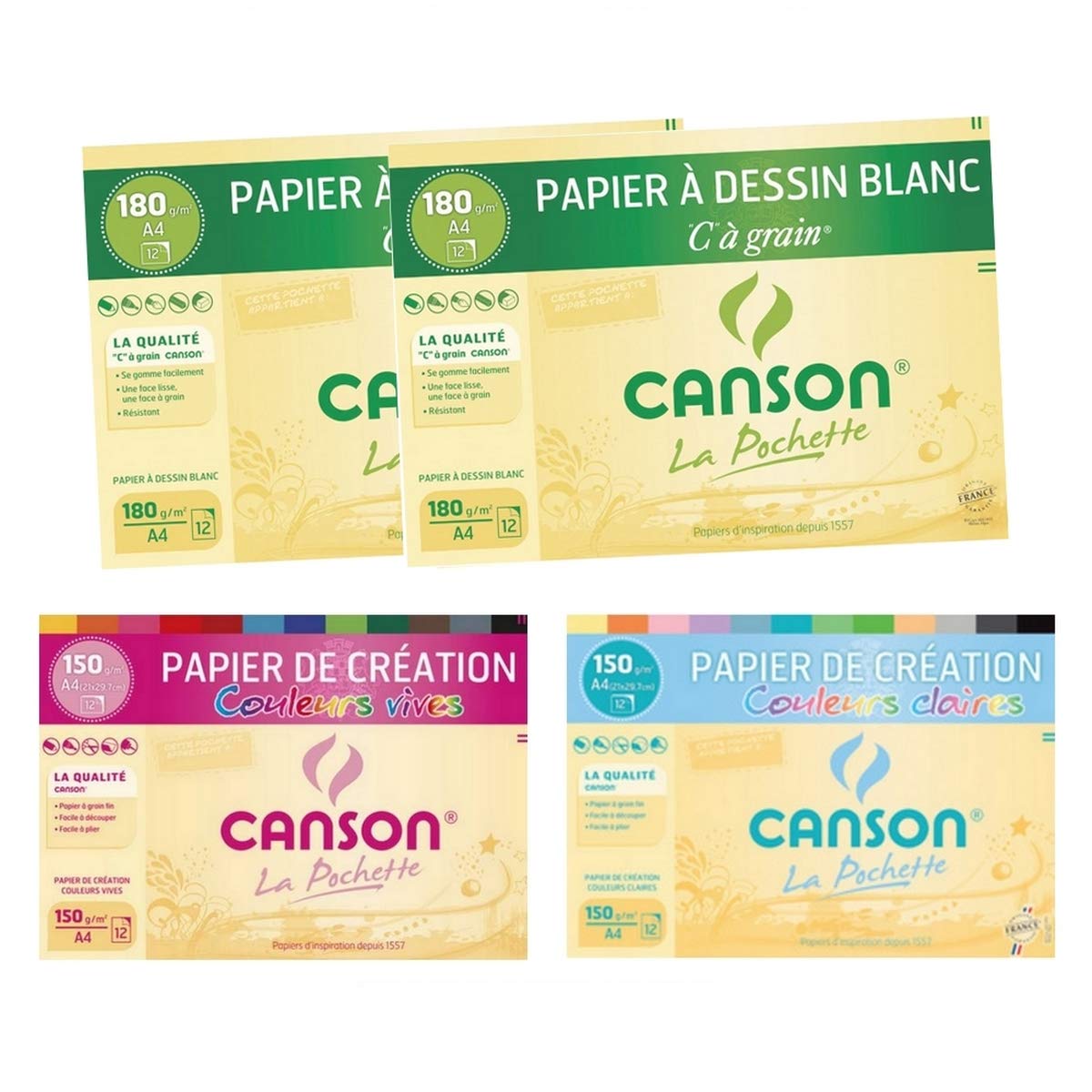 Set of 4 A4 Pouches - 2 "C" Paper Pockets with White Grain Design + 1 Bright Coloured Craft Paper Pouch + 1 Light Design Paper + 1 Wooden Ruler Blumie Cat