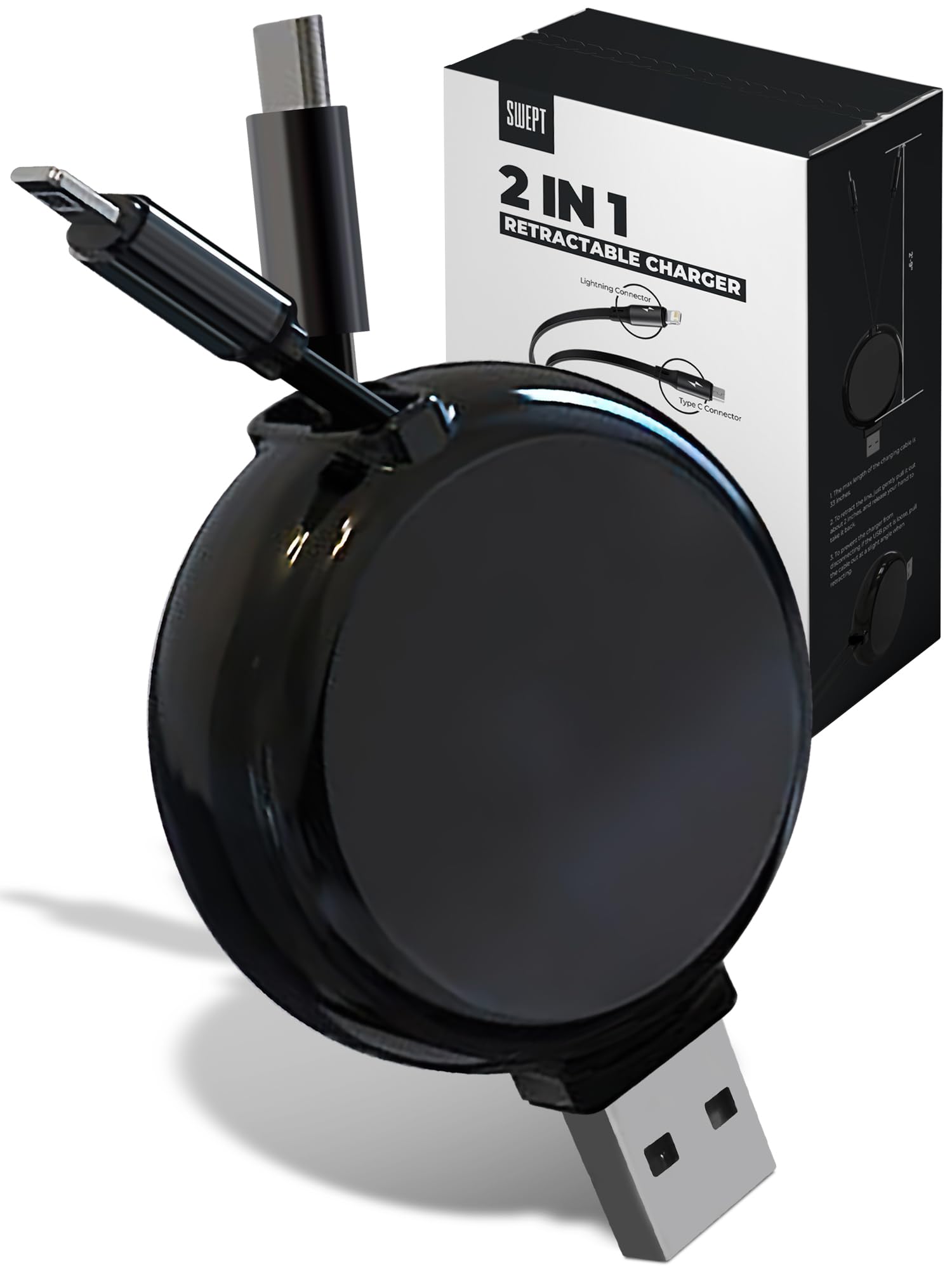 Photo 1 of 2-in-1 Retractable Charger for Car iPhone and Android, Wall Outlet or PC | Modern Car Charger Retractable Cord | 15W Fast Charging | Does not Work with CarPlay