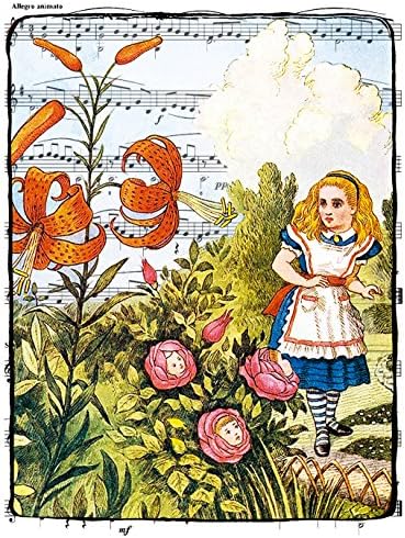 Beautiful 11x14 Alice in Wonderland Fine Art Color Print of Alice with the Talking Flowers. Overlaid on Sheet Music Artwork. Size: 11x14 (WATFlMu810)