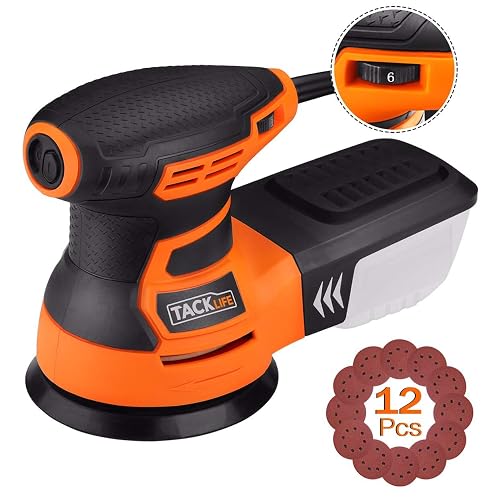 Lijadora Eléctrica TACKLIFE Lijadora Orbital 350W 6 Velocidad Ajustable Lijadora con 13000RPM Motor 12 PCS Papeles de Lija de 125mm 80 180 Granos con Caja de Recogida de Polvo PRS01A