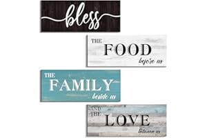 Creoate Kitchen Signs Wall Decor, 4 Pieces Wooden Bless Food Family Love Signs for Kitchen Wall Decoration, 4x10 Inch Home Farmhouse Rustic Decor, Teal Christmas Gift for Home, Smal