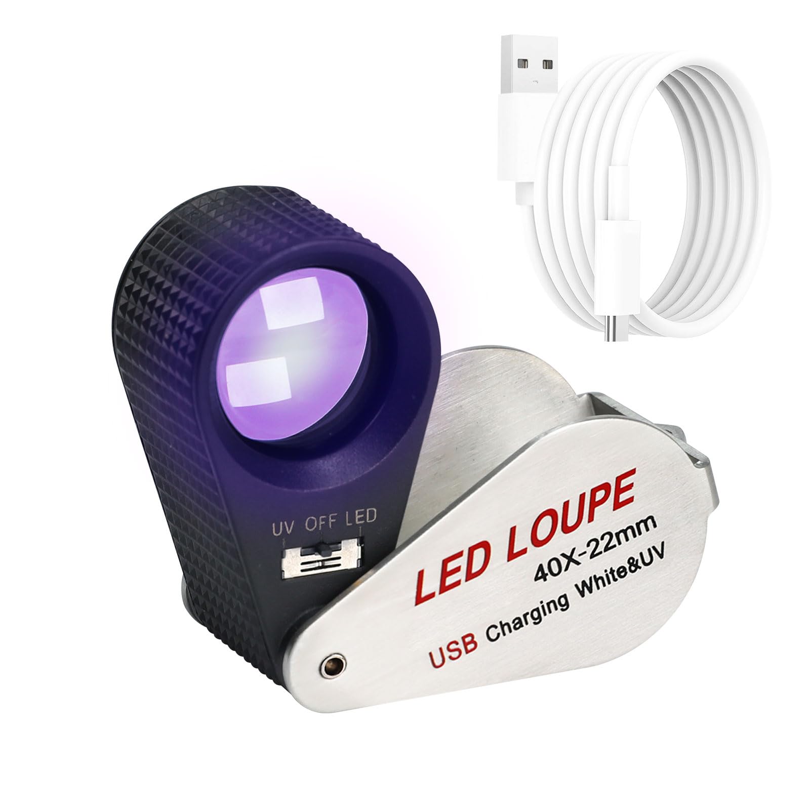 Illuminated Jewelers Loupe Magnifier 40x, Rechargeable Jewelers Loupe Foldable Jewelry Magnifier LED Loupe Triplet with 6 LEDs & UV Light for Gems, Jewelry, Coins, Stamps, etc