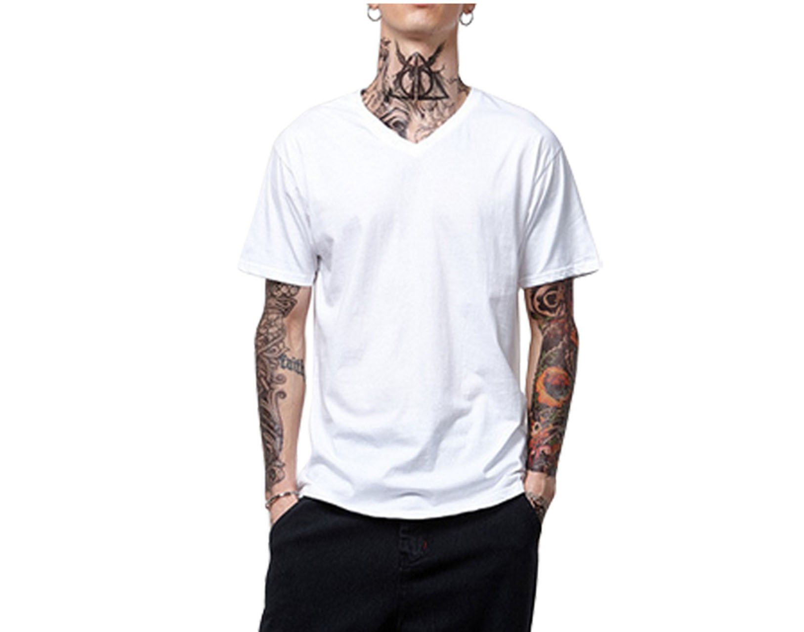 Faleto Basic Herren T-Shirt mit V-Ausschnitt Kurzarm T-Shirt Tops V-Neck, weiß/nachtblau/grau, Gr. L/XL (X-Large, Weiß)