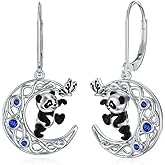 Lypic 925 Sterling Silver Moon Cat/Fox/Panda Dangle Earrings Celtic Crescent Cute Animal Earrings Christmas Jewelry Gift for Women