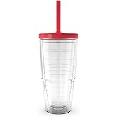 Tervis Clear & Colorful Made in USA Double Walled Insulated Tumbler Travel Cup Keeps Drinks Cold & Hot, 24oz, Red Straw Lid