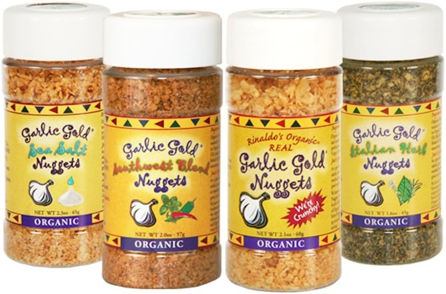 Certified Organic Variety Selection for Him Or Variety Selection for Her - Garlic Gold Nugget Seasoning, Variety Sampler Pack of 4: Sea Salt, Southwest, Original & Italian Herb