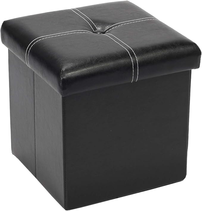 Bonlife Black Ottoman Storage Box with Lids Seat Faux Leather Folding