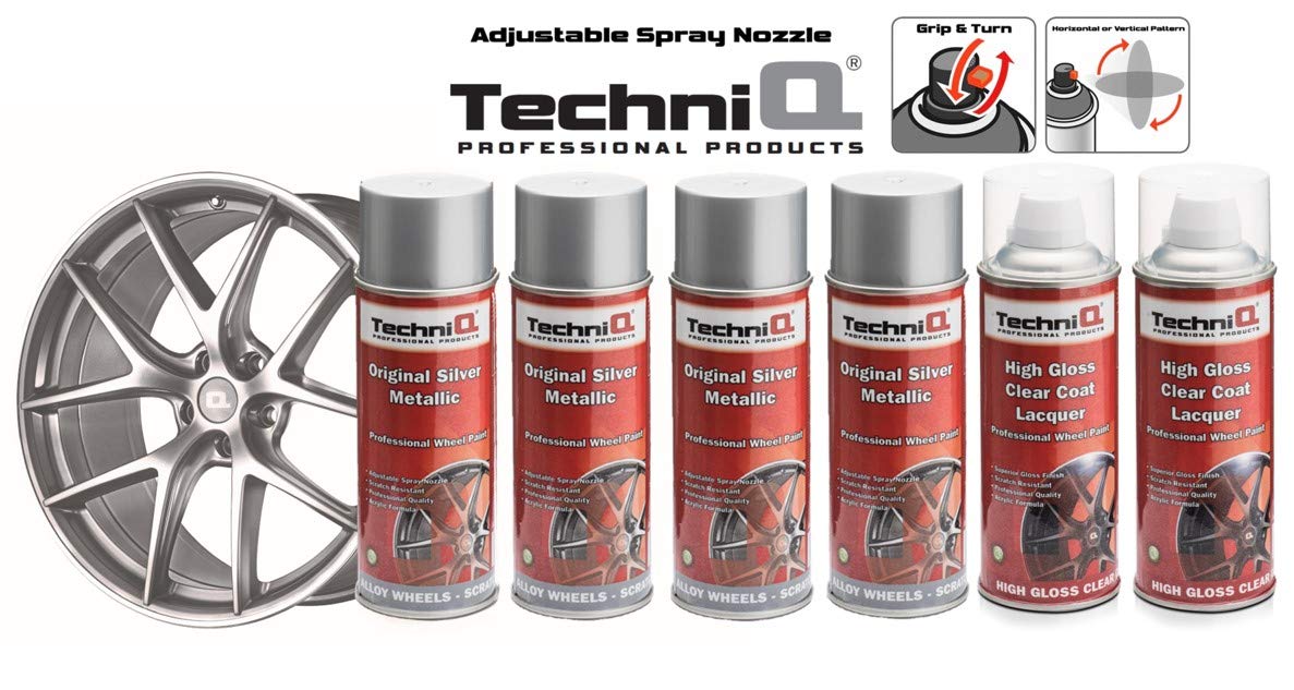 TechniQ Original Silver Metallic Alloy Wheel Paint Kit 4 x 400ml Cans + 2 x High Gloss Clear