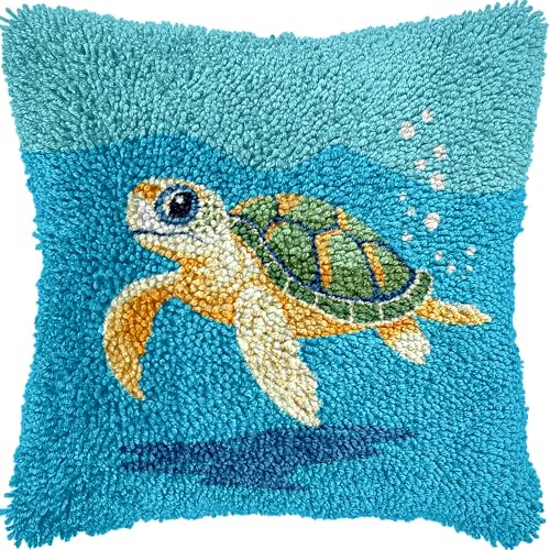 Sea Turtle Swim Latch Hook Kits Pillow Color Printed Cushion Crochet Yarn Needlework DIY Hook Latch Kit Pillowcase Rug Cover Home Sofa Christmas Decor 43x43cm