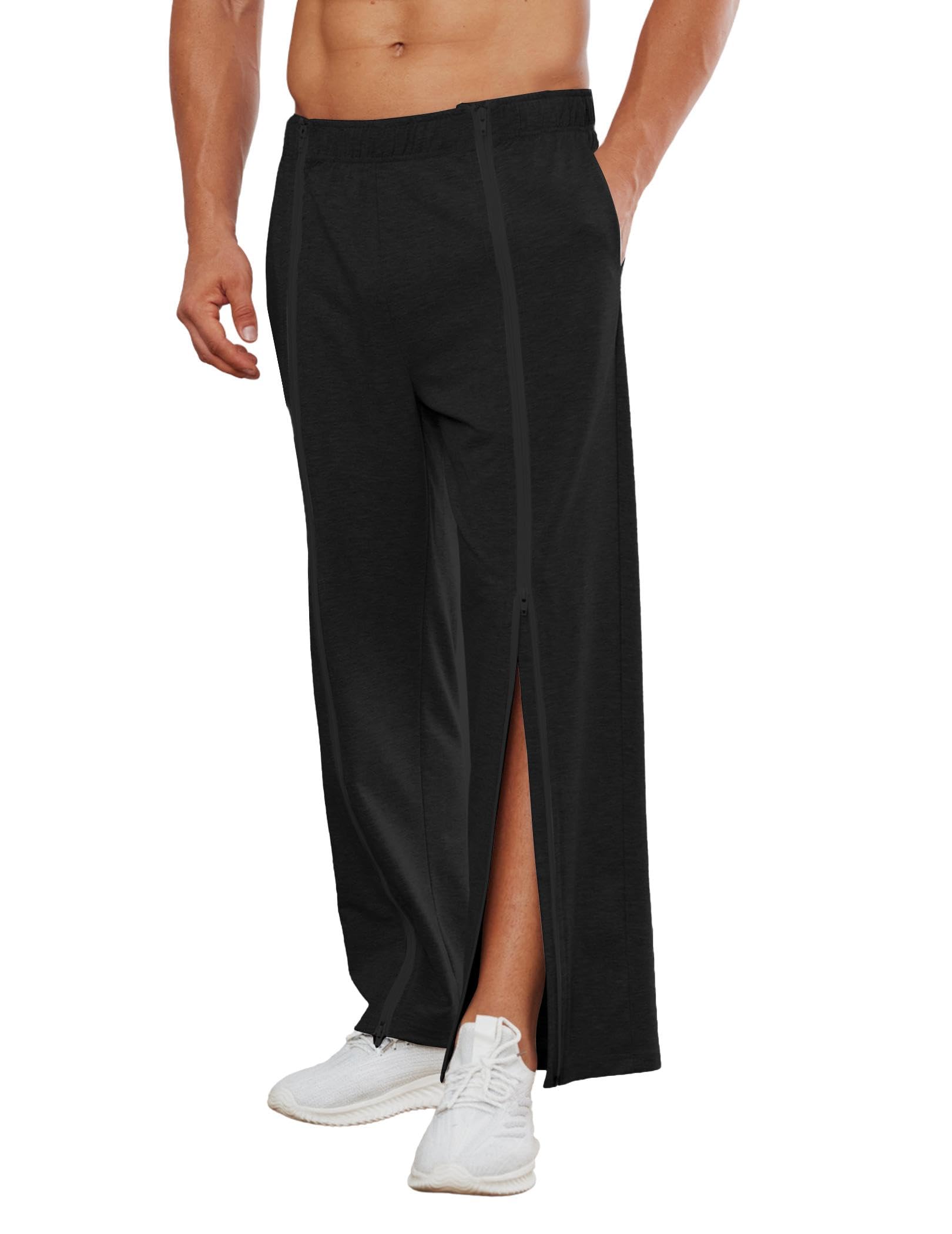 Photo 1 of Deyeek Mens Wide Leg Zipper Sweatpants Open Bottom Warm Up Pants Cotton Break Away Catheter Pants Post Knee Surgery Pants Black