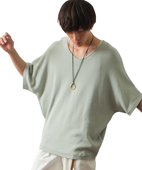 Amazon マイノリティ Minority メンズ ニット 半袖 ドルマンスリーブ サマーニット 5分袖 セーター クルー V セーター 通販