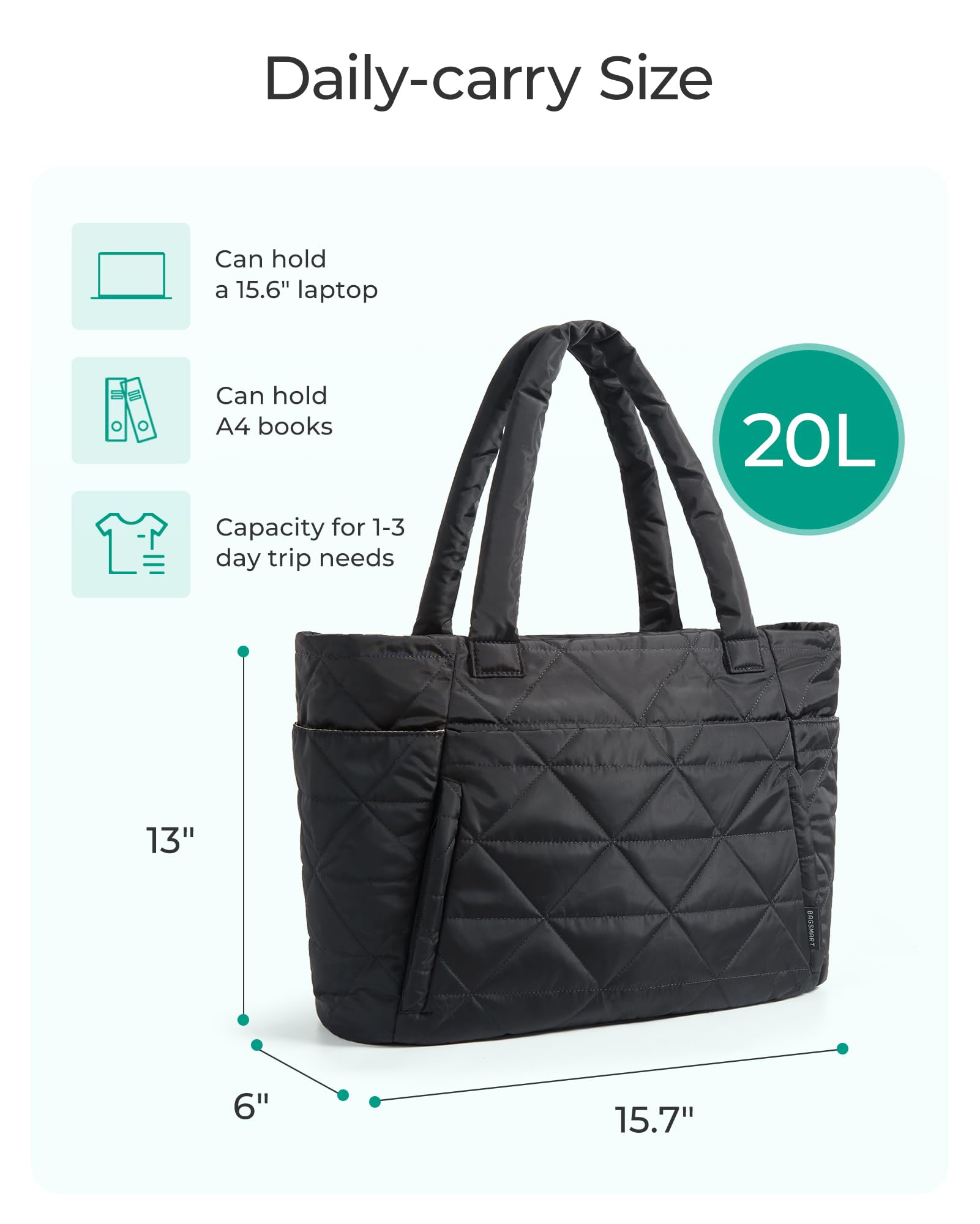 BAGSMART Tote Bag for Women, Puffy Tote Bag with Zipper, Large Quilted Shoulder Bag with Compartments for Travel, Work, Gym