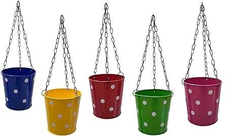 TRUPHE Metal Hanging Flower Pot, Multicolour, Overall Length- 10