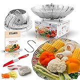 Large Folding Vegetable Steamer Basket insert 100% Stainless Steel, Fits 5/6/8 qt Instapot Electric Pressure Cooker, BONUS TOOLS Safety Tool, Multifunction Peeler, Pairing Knife, Healthy Recipes eBook