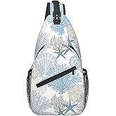 QISENTIS Nautical Coastal Sling Bag for Women Crossbody Bag Marine Pattern with Starfish Seashell Mollusk Coral Sling Backpack for Men Underwater Themed Shoulder Bag Sports Travel Hiking Daypack