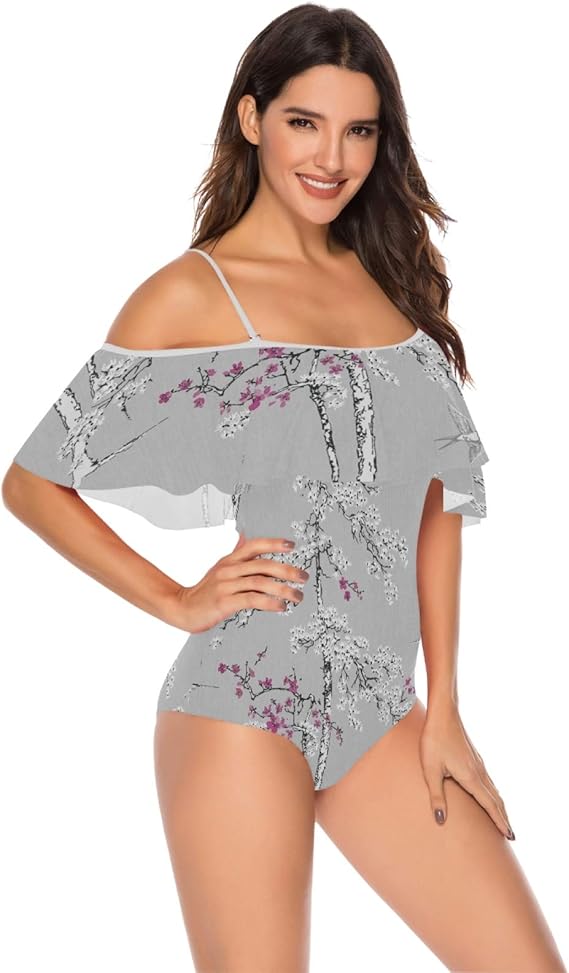 Amazon 女性用水着ワンピース水着ファルバラトップハイウエストボトムビキニセット 日本のレトロな花の咲く紫の葉の鳥 ワンピース 通販