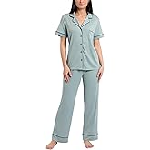 Nicole Miller New York Women's Pajamas 2 Piece Soft Ribbed Notch Collar Button Down PJ Set