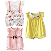 OLLULL Baby Girls' One-Piece Rompers, Infant Cotton Summer Clothes, Pack of 3