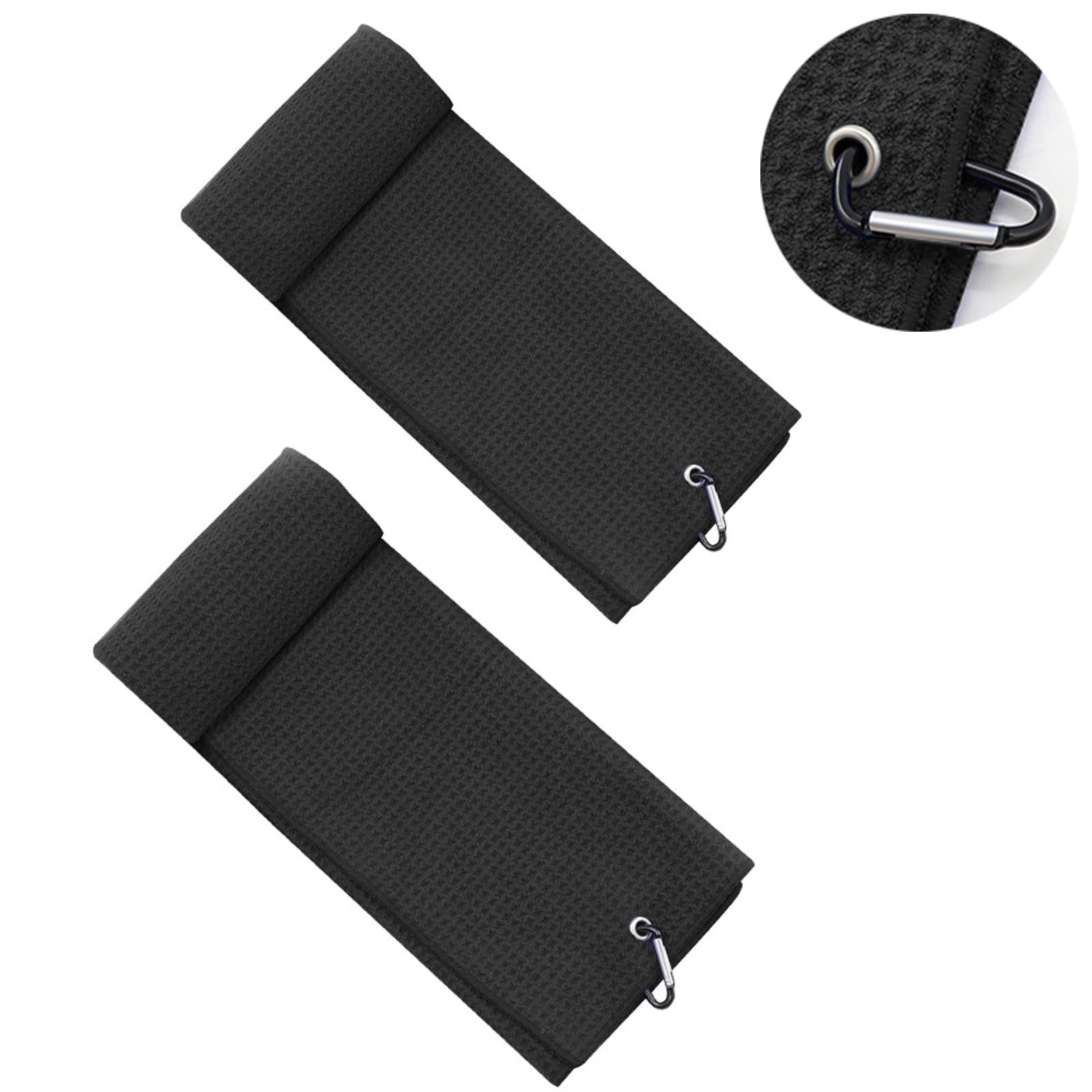 JNGTKL 2PCS Golf Towels 30 * 30cm, Golf Towel with Heavy-Duty Clip Waffle Pattern, Absorbent Golf Towel, Can Quickly Remove Dirt Sweat Golf Club Towel, Used for Cleaning Golf Balls (Black) ﻿