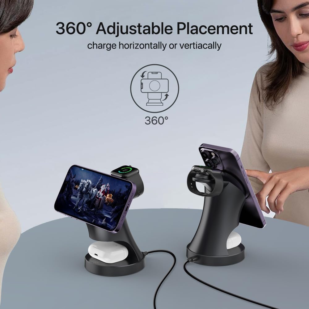 Ladestation Apple Watch und iPhone, 3 in 1 Induktive Ladestation mit Magsafe Ladegerät Wireless Charger Kompatibel mit iPhone 17 16 15 14 13 12 Air/Pro Max,für Apple Watch und AirPods (Schwarz) 5