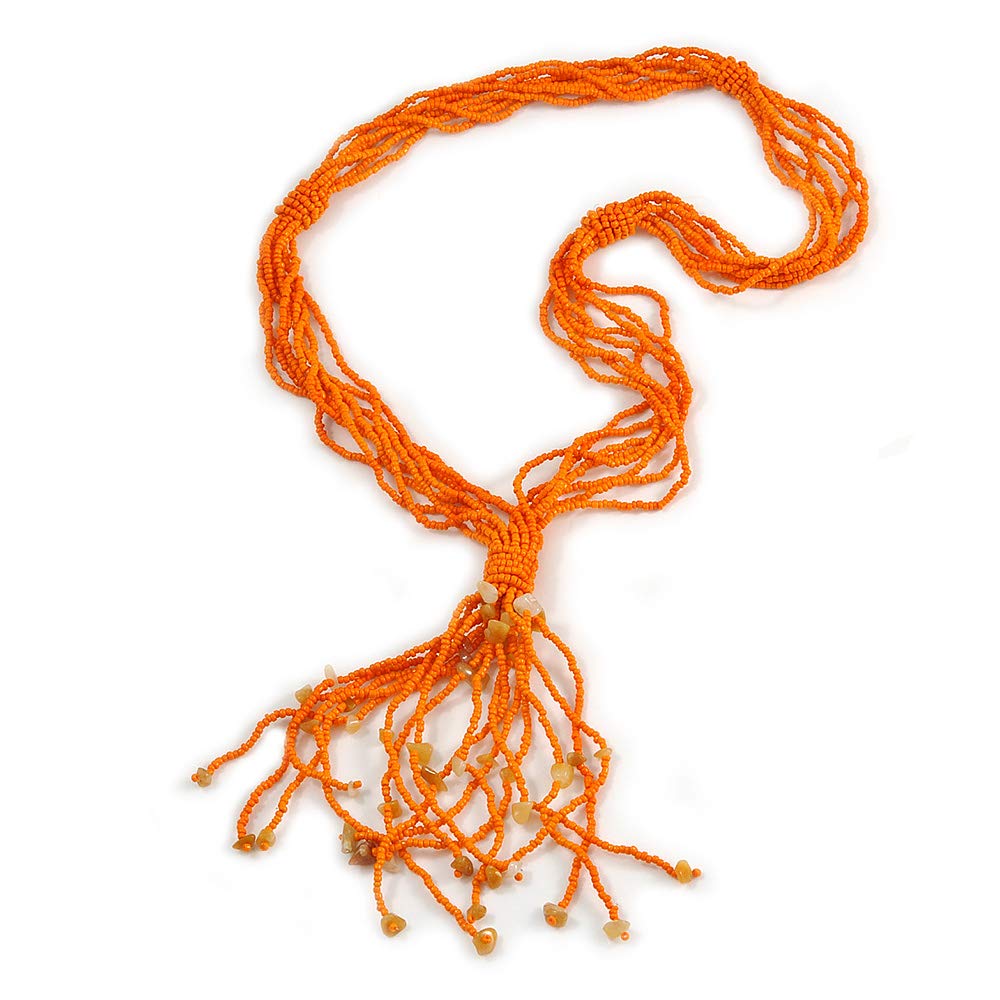 Avalaya Multistrand Orange Glass Bead Semiprecious Stone Tassel Necklace/ 66cm L/ 12cm Tassel