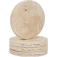 WORHE Natural Travertine Marble Coasters Set of 4-4" Round Stone Drink Coasters, Non-Slip Cork Backing, Housewarming Gift, Wedding, Protect Tables from Stains & Scratches (BD140)
