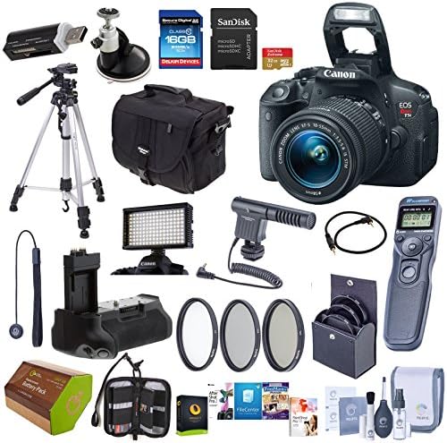 Canon EOS Rebel T5i DSLR Camera with EF-S 18-55mm f/3.5-5.6 IS STM Lens - Bundle with 16GB SDHC/32GB SDHC Card, Spare Battery, Battery Grip, Tripod, Cleaning Kit, Remote Shutter Release, and More