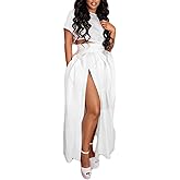 Womens Sexy Fashion 2 Pieces Solid Color Crop Top Pleated Split Dress Set Casual Dress Set