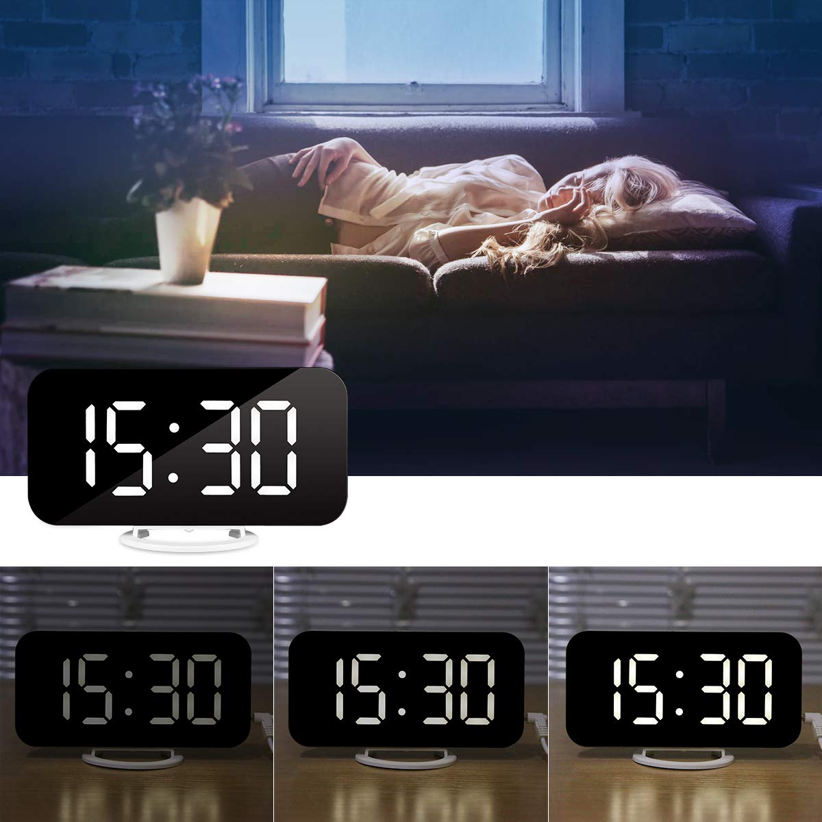 ACTOPP LED Réveil Numérique, Miroir Horlogue de Grand écran avec 3 Luminosités Réglables, Fonction Miroir Snooze et Double Ports USB pour Charger Téléphones