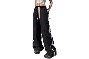BEAUDRM Girl's Y2k Bow Baggy Pants Parachute Track Pants Wide Leg Loose Sweatpants Drawstring Joggers Hip Hop Dance