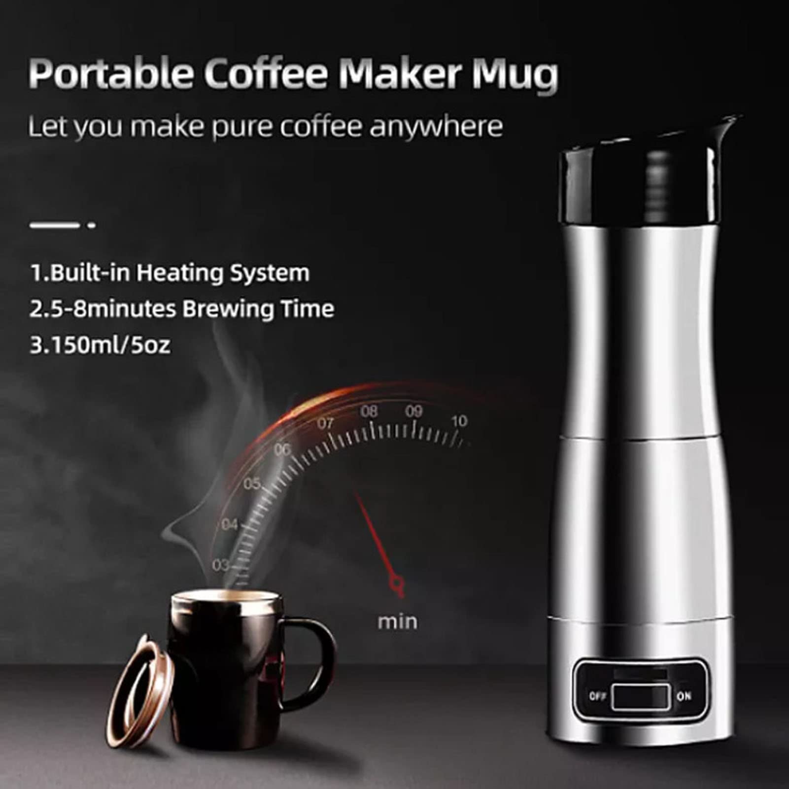 Luqeeg Cafetera portátil, máquina de café espresso eléctrica, mini cafetera eléctrica para coche, cafetera espresso eléctrica para cápsulas con encendedor de cigarrillos de 12 V 24 V, taza de viaje de acero inoxidable