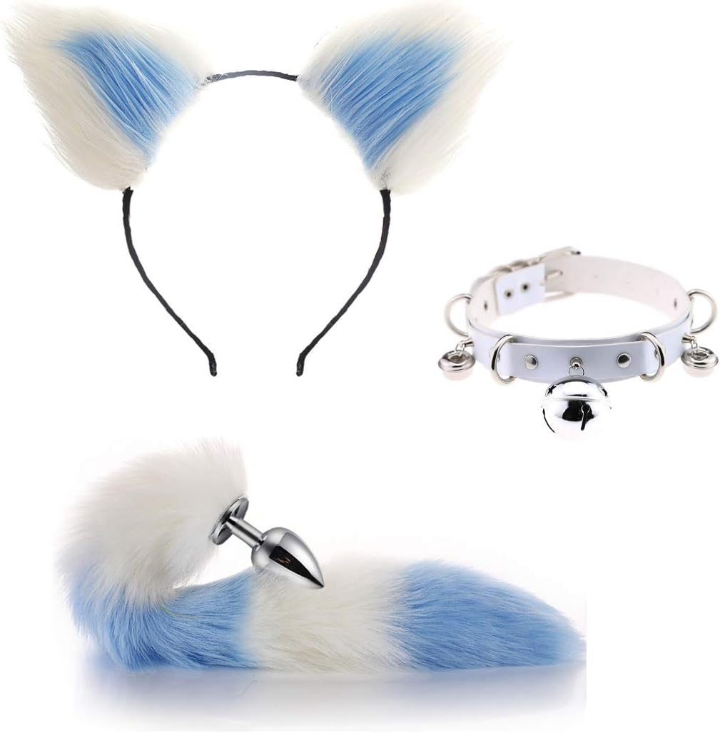 Role Play B-ü-t-t P-l-ǔ-g Fox Tail + Three Bell Collar Choker + Cat Ears Headband, 3Pcs Halloween Party Toys(White-Blue)