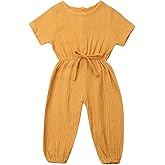 Mubineo Toddler Baby Girl Summer Fall Basic Plain Short Sleeve Cotton Linen Drawstring Romper Jumpsuit